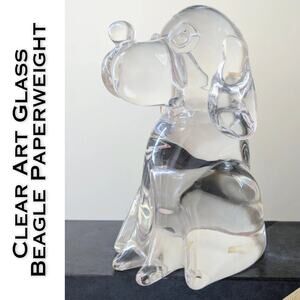 Murano Style Art Glass Beagle Snoopy Dog Paperweight Figurine Clear Solid Heavy
